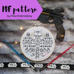 Puede incluir: Un patrón de punto de cruz en blanco y negro con personajes de Star Wars, incluyendo Yoda, R2-D2 y cazas TIE. El patrón se muestra en un aro de bordado blanco sobre una superficie gris y peluda. El texto "PDF pattern by MoorEmbroidery" es visible en la esquina superior izquierda de la imagen.