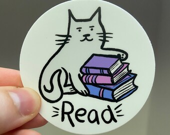 Cat Read Sticker || Gray Cat with Books