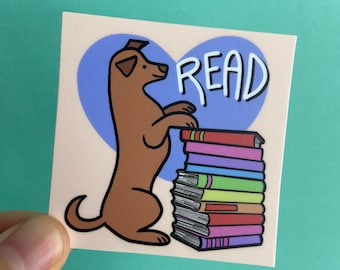 Dog Read Sticker || Brown Dog with Books