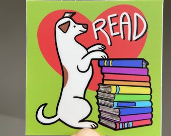 Dog Read Sticker || White Spotted Dog with Books
