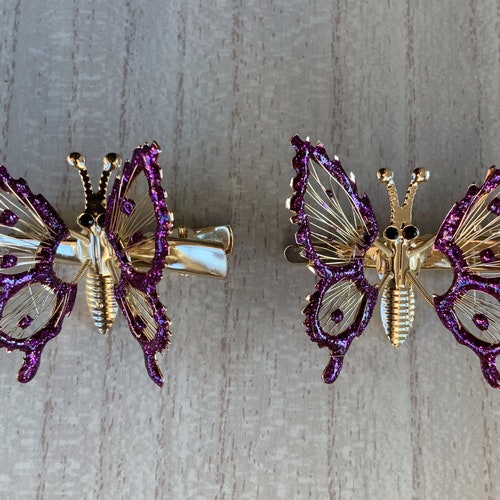 90s Vintage Purple/gold Moving Wings Butterfly Clip Set Etsy