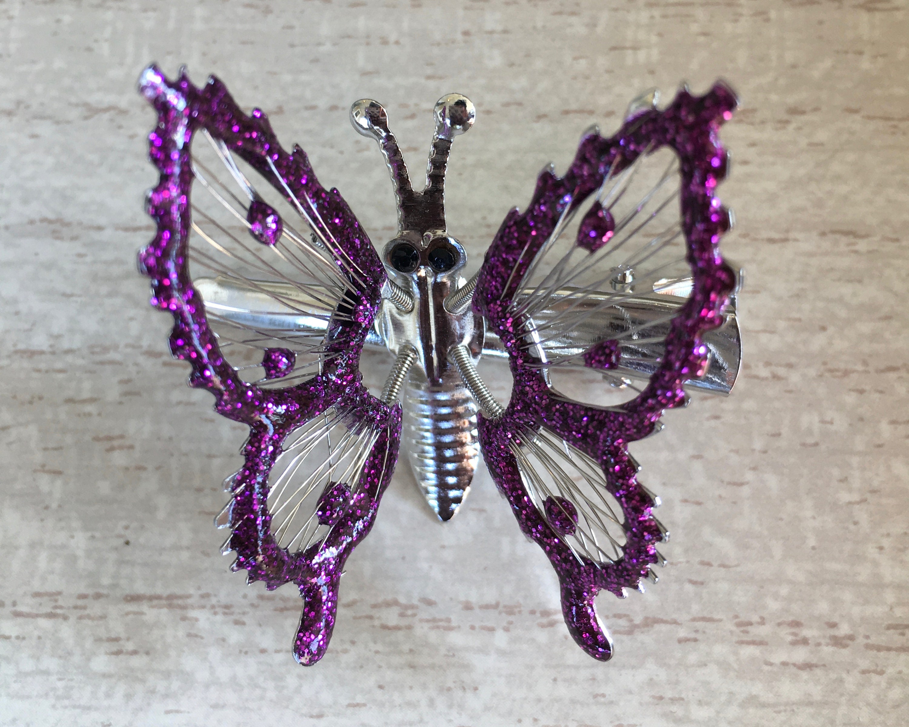 90's Vintage Purple/silver Moving Wings Butterfly Clip Set