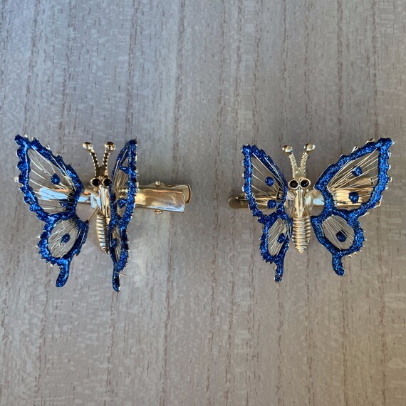 90’s Vintage Blue/Gold Moving Wings Butterfly Clip Set Gem