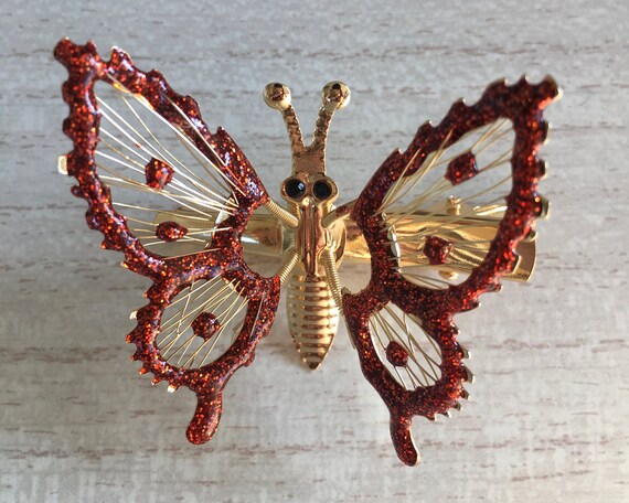 90’s Vintage Red/Gold Moving Wings Butterfly Clip… - image 2