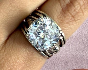 anello a fascia con catena a maglie larghe in argento sterling israeliano con taglio a cuscino e zirconi cubici, misura 7