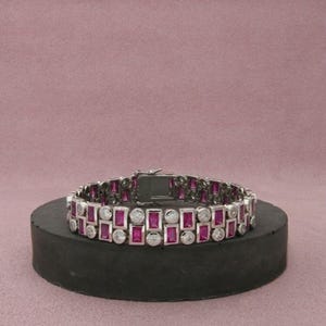 Sterling Silver Bezel-Set Red Ruby & C Z Two Row Tennis Bracelet Size 7in