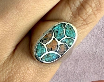 navajo sterling silver vintage crushed turquoise & coral signet ring size 9