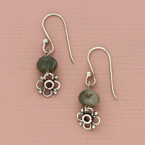 sterling silver faceted agate & flower dangle ear… - image 1