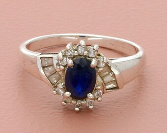 sterling silver oval-cut blue sapphire & baguette cz ring size 8