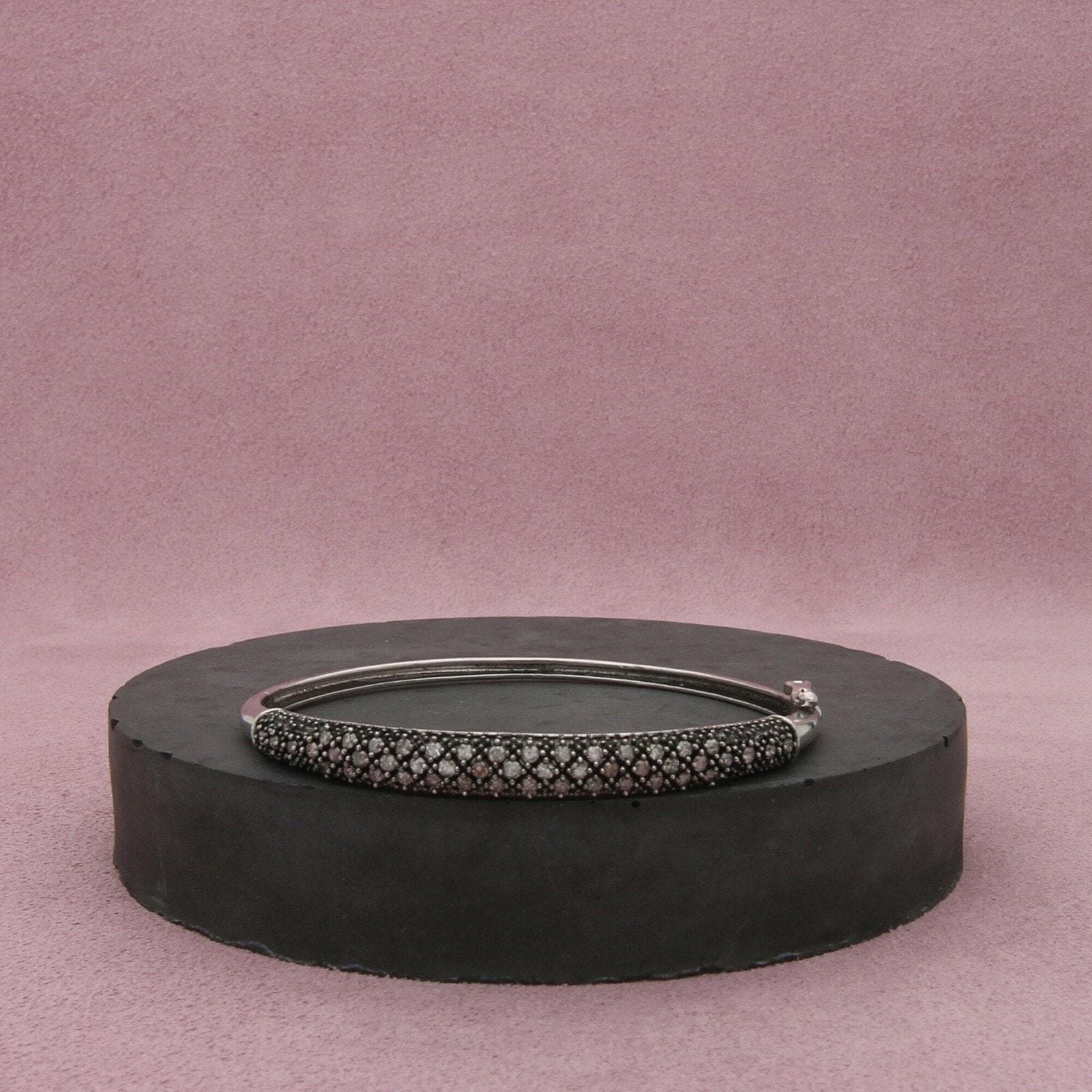 Sterling Silver Oxidized Pave Diamond Hinged Bangle Bracelet Size