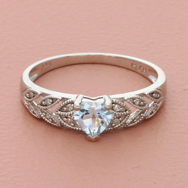 jtv sterling silver diamond accent aquamarine heart ring size 7