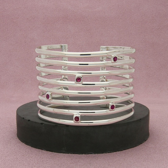 sterling silver wide ruby statement cuff bracelet… - image 1