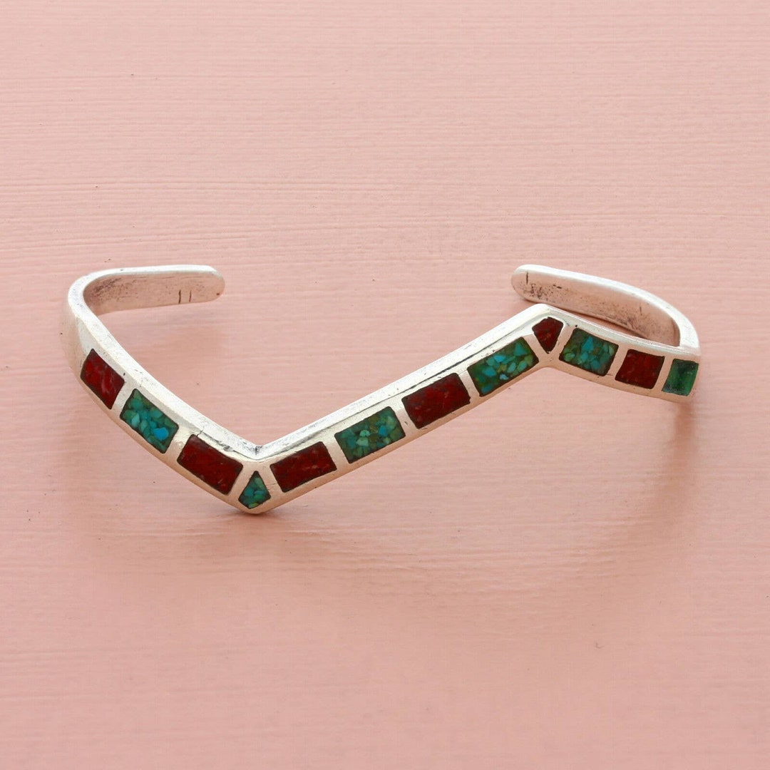 Navajo Sterling Silver Vintage Crushed Turquoise Coral Cuff Bracelet ...
