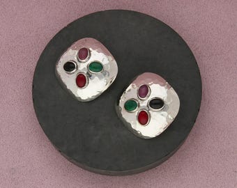 taxco mexico sterling silver vintage onyx coral hammered clip-on earrings