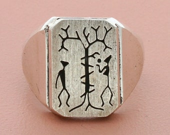 mexico sterling silver mens vintage adam & eve shadow box ring size 8.75