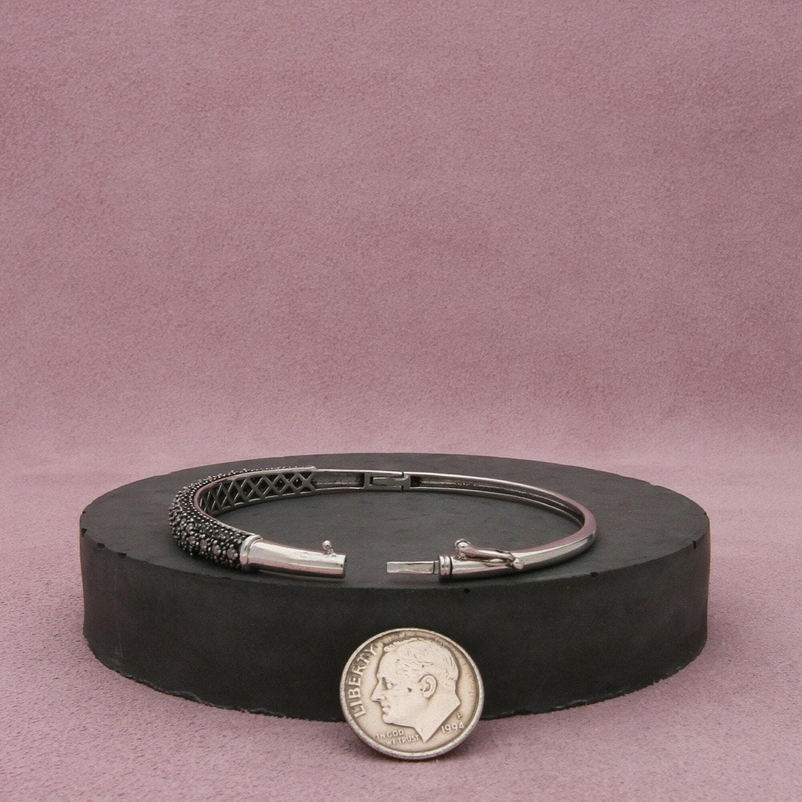 Sterling Silver Oxidized Pave Diamond Hinged Bangle Bracelet Size