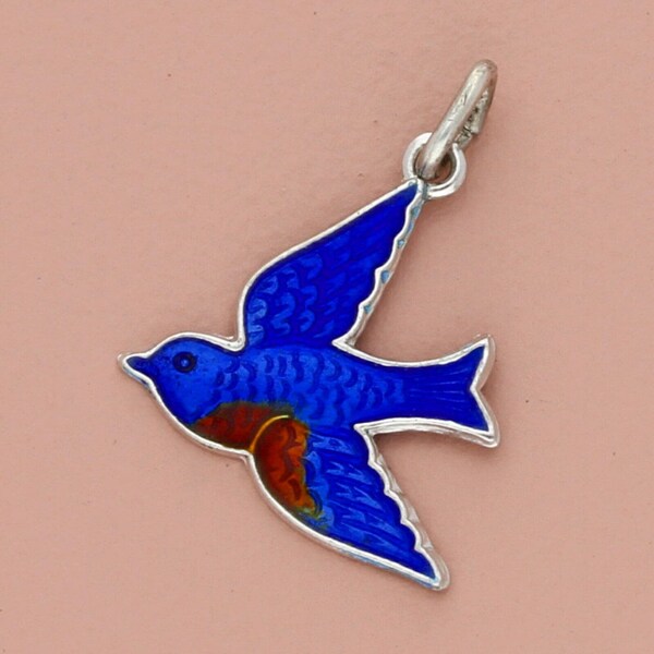 Charm oiseau hirondelle vintage en argent sterling émaillé bleu Wells