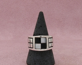 sterling silver mens vintage onyx mother-of-pearl checkerboard ring size 10.75