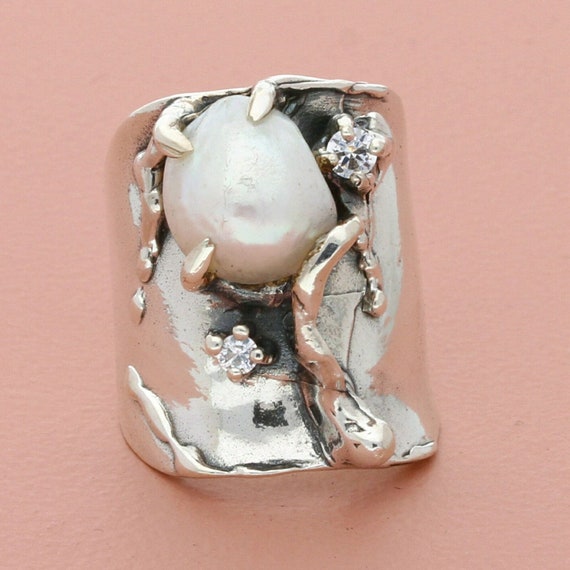 sterling silver israel brutalist cz & pearl amorp… - image 1