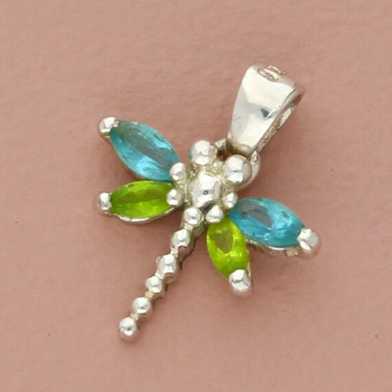 sterling silver blue & green cz dragonfly pendant