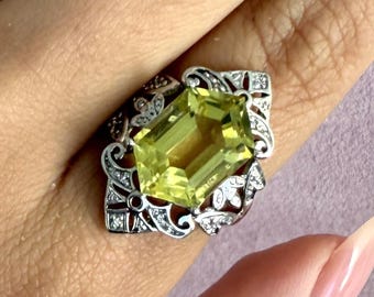 Anillo de citrino de corte holandés con detalles de diamantes en plata de ley, talla 7