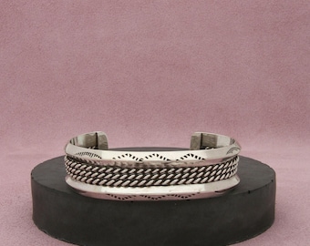 Navajo Sterling Silver Vintage Sandcast Scroll Cuff Bracelet
