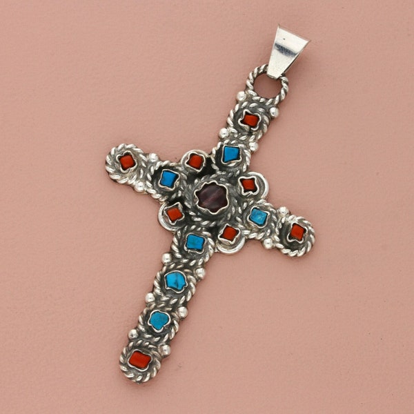 taxco mexico sterling silver vintage turquoise coral & amethyst cross pendant