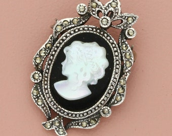 sterling silver marcasite mother of pearl & onyx cameo silhouette brooch