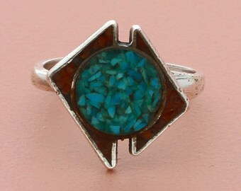 sterling silver vintage southwestern crushed turquoise & coral ring size 5.5