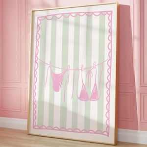 Bikini Print Sage Green Pale Pink On Line Stripes Coquette Decor Beachy Wall Art Sage Green Wall Art Coastal Summer Wall Art Dorm Room Decor