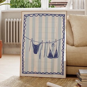 Bikini Print Navy Blue On Line Striped Coquette Decor Beachy Wall Art Light Blue Wall Art Coastal Wall Art Summer Wall Art Coastal Prints