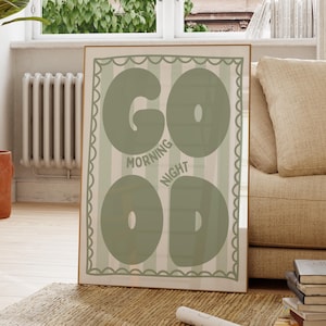 Good Morning Good Night Print Light Sage Green Striped Framed Coquette Room Decor Apartment Decor Above Bed Art New Baby Gift Kids Room Art