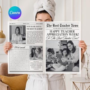 Plantilla editable de periódico para la Semana de Agradecimiento al Maestro, Envoltura de Ramo, Periódico Personalizado, Regalo con Imagen Personalizada, Regalo DIY para Maestros, Plantilla de Canva