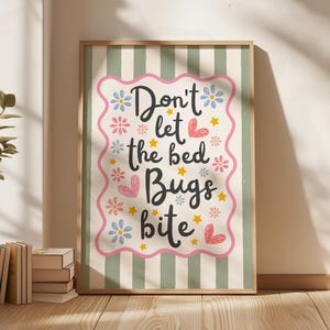 Retro väggkonst randig sovrumstryck 50-talsmodern vintage flicka barnrumskonst Låt inte vägglössen bita rosa salviagrön lekrumskonst