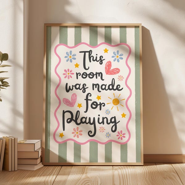Cette chambre a été conçue pour jouer, impression citation pour chambre d'enfant, téléchargement numérique, art mural, décoration colorée pour chambre d'enfants, art de la salle de jeux pour bébé