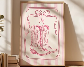 Coquette Cowgirl Bow Boot Print Girly Western Wall Art Vintage Aesthetic Art Pink Beige Poster Apartment Decor Girly Dorm Decor Girl Nursery