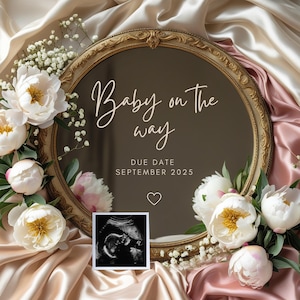 Mirror Pregnancy Announcement Digital, Spring Baby Announcement, Gender Reveal Ideas, Baby Arrival Sign, Vintage Pregnancy, Canva Template