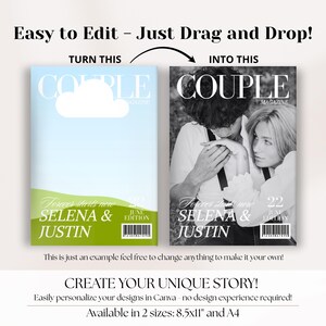 May include: Magazine cover template with the text "COUPLE" in large white letters. The image shows a before and after example. The before image has a cloud graphic, and the after image is a black and white photo of a couple.