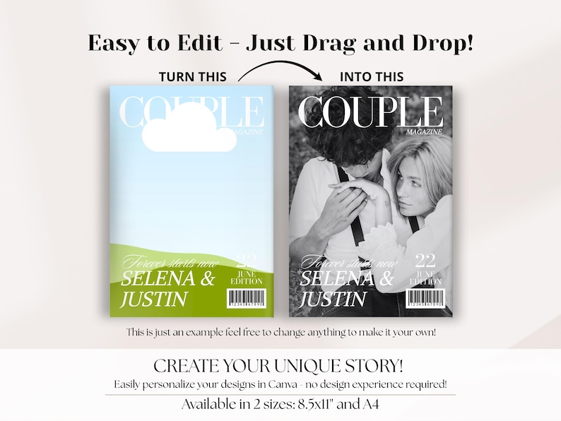 May include: Magazine cover template with the text "COUPLE" in large white letters. The image shows a before and after example. The before image has a cloud graphic, and the after image is a black and white photo of a couple.