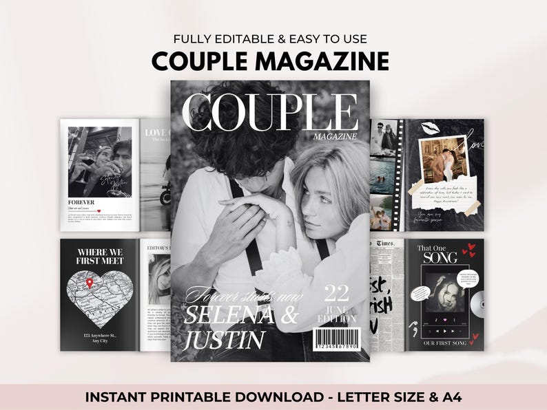 May include: A collection of black and white couple magazine covers. The main cover features a couple embracing, with the text "COUPLE MAGAZINE". Other covers include the text "FOREVER", "WHERE WE FIRST MEET", and "That One SONG". The text "SELENA & JUSTIN" is also visible.