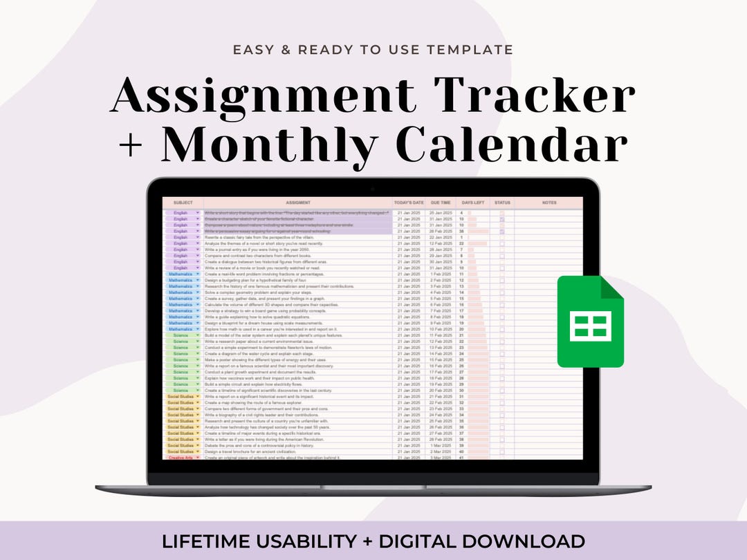 Assignment Tracker, Google Sheets, Student Planner, Task Tracker ...