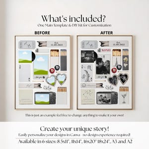 K&ouml;nnte beinhalten: Ein Vorlagen-Design mit Vorher-Nachher-Beispielen, Fotos, Spielkarten und dekorativen Elementen. Der Text enth&auml;lt "What's included?" und "Create your unique story!" Erh&auml;ltlich in 6 Gr&ouml;&szlig;en: 21,6x28cm, 28x36cm, 40x51cm, 46x61cm, A3 und A2.