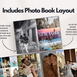 May include: Photo book with a photo book-style layout. The cover features the text "Moments Together" and city names like Paris, New York, and Sicily. The layout includes 24 of 50 pages with a clean, stylish design.