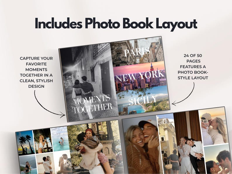 May include: Photo book with a photo book-style layout. The cover features the text "Moments Together" and city names like Paris, New York, and Sicily. The layout includes 24 of 50 pages with a clean, stylish design.