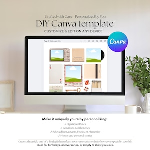 May include: A computer monitor displays a DIY Canva template with customizable elements. The screen shows various design elements, including a vintage TV, playing cards, and a key. Text on the screen reads "DIY Canva template" and "Customize & Edit on Any Device."