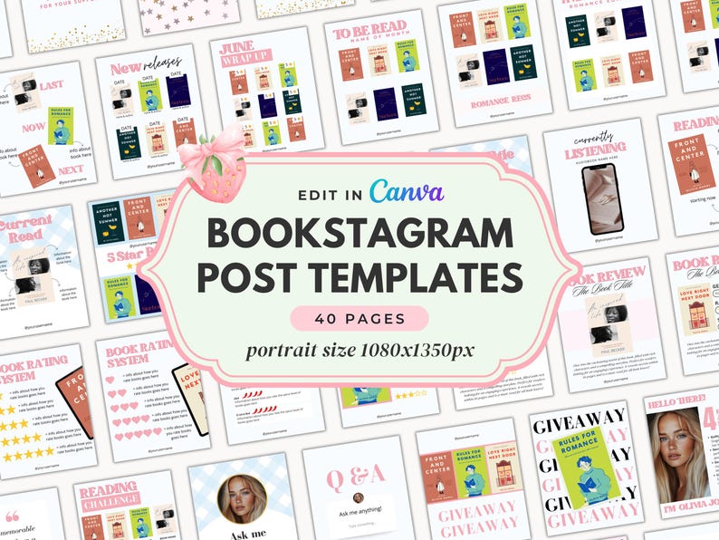 May include: A collection of 40 bookstagram post templates for use in Canva. The templates are in portrait format and are 1080 pixels by 1350 pixels. The templates feature a variety of designs, including book covers, quotes, and graphics. The templates are designed to help bookstagrammers create engaging and visually appealing content for their social media.