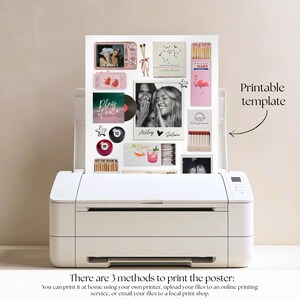 May include: A white printer displaying a printable template with various graphics, including a pink flamingo, a photo, and the text "Play it nice." The template is designed for printing at home or through a print service.