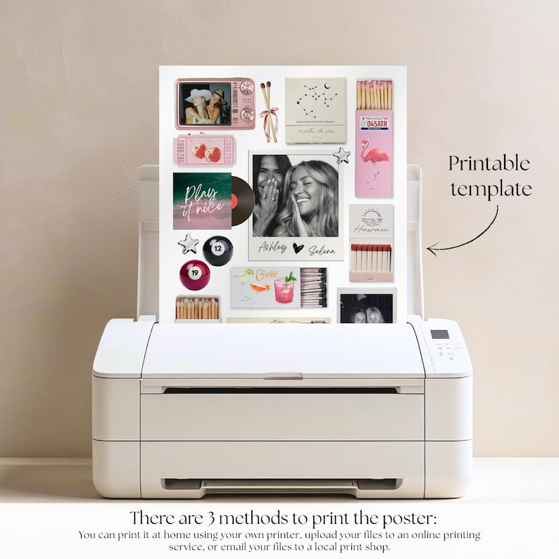 May include: A white printer displaying a printable template with various graphics, including a pink flamingo, a photo, and the text "Play it nice." The template is designed for printing at home or through a print service.