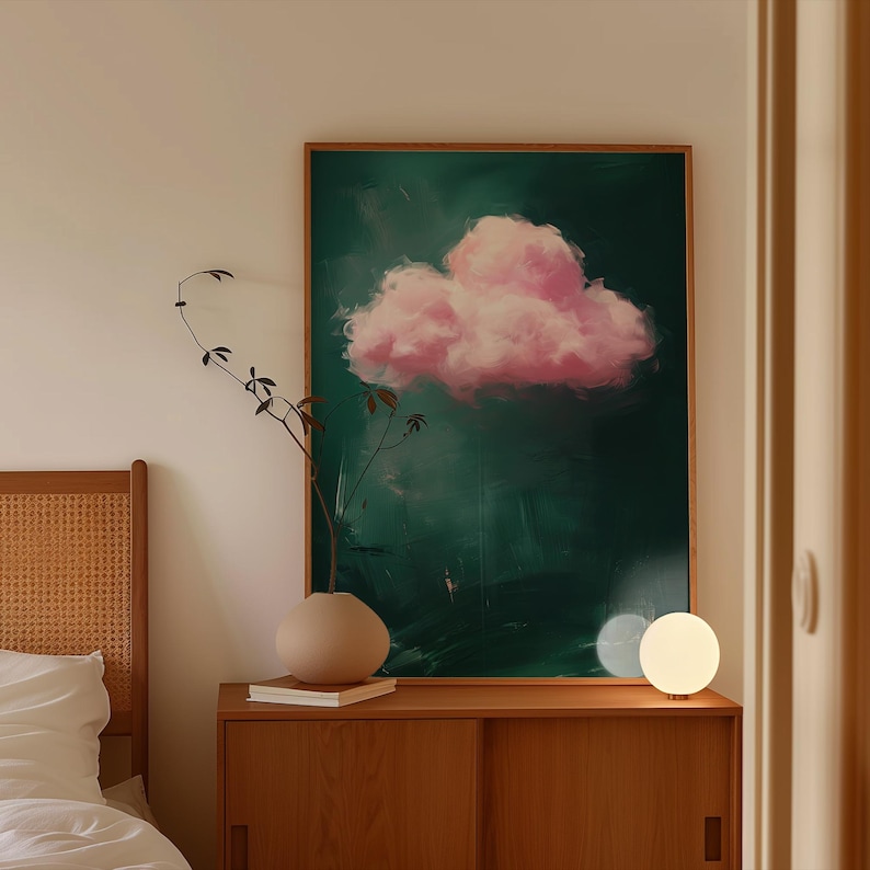 Pink prints blended with emerald green art, ideal for cloud wall art or original art collection in a modern home.