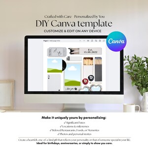 K&ouml;nnte beinhalten: Ein Computermonitor zeigt eine DIY Canva-Vorlage mit anpassbaren Elementen. Die Vorlage enth&auml;lt Platzhalter f&uuml;r Fotos, Daten und Erinnerungen. Auf dem Bildschirm steht "DIY Canva template" und "Anpassen & Bearbeiten auf jedem Ger&auml;t."